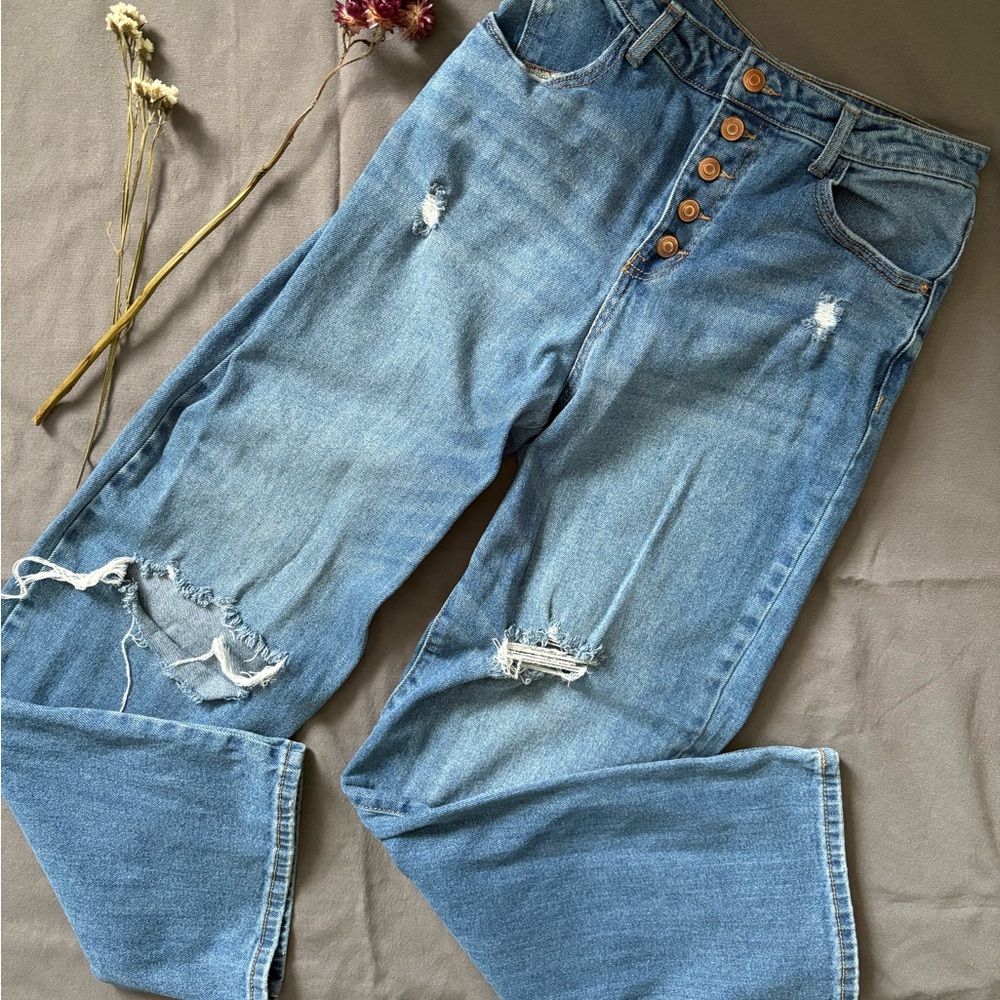 Distressed wide leg Blue Jeans 7/28